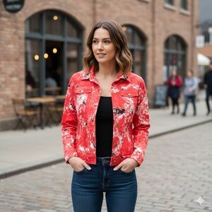 Russell Kemp Jacket Womens 12 Red Asian Floral Button Front Lightweight  coat*